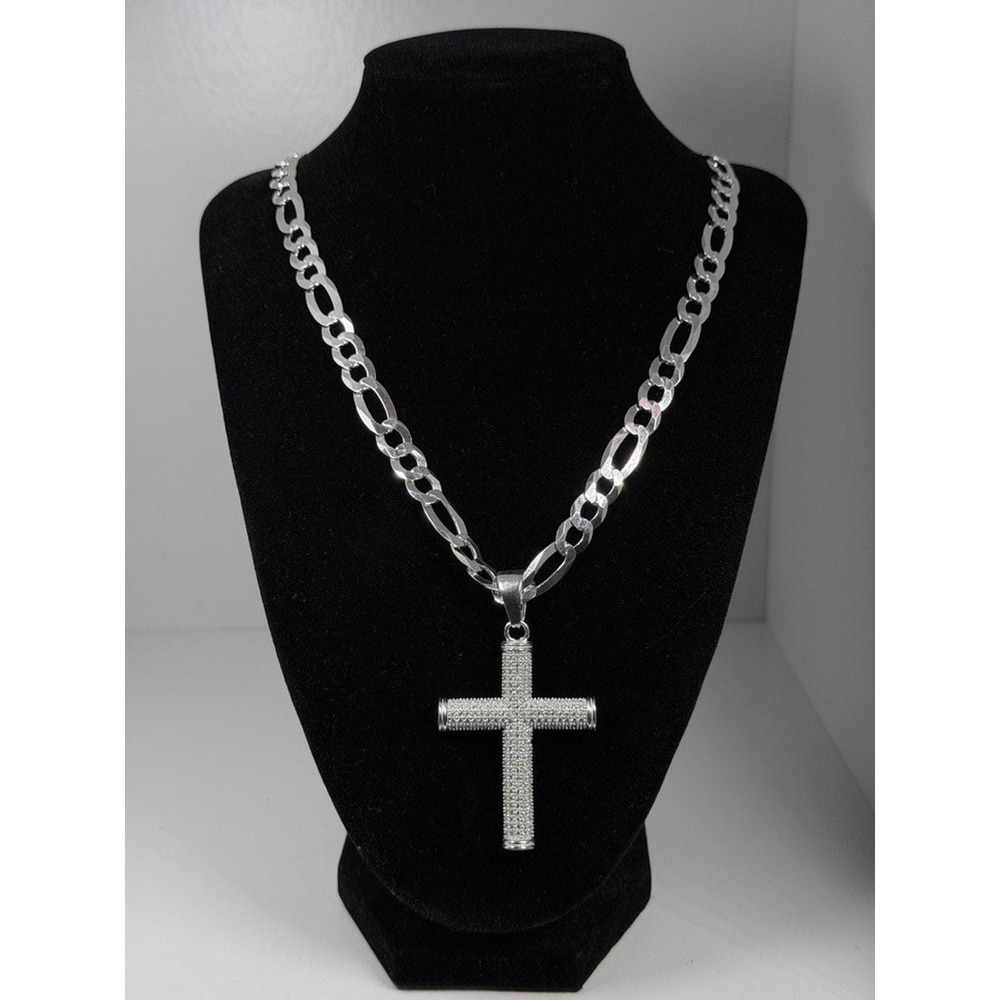 Mens Silver Figaro Chain Necklace Cubic Zirconia Cross Pendant 24 Inch 8.5mm